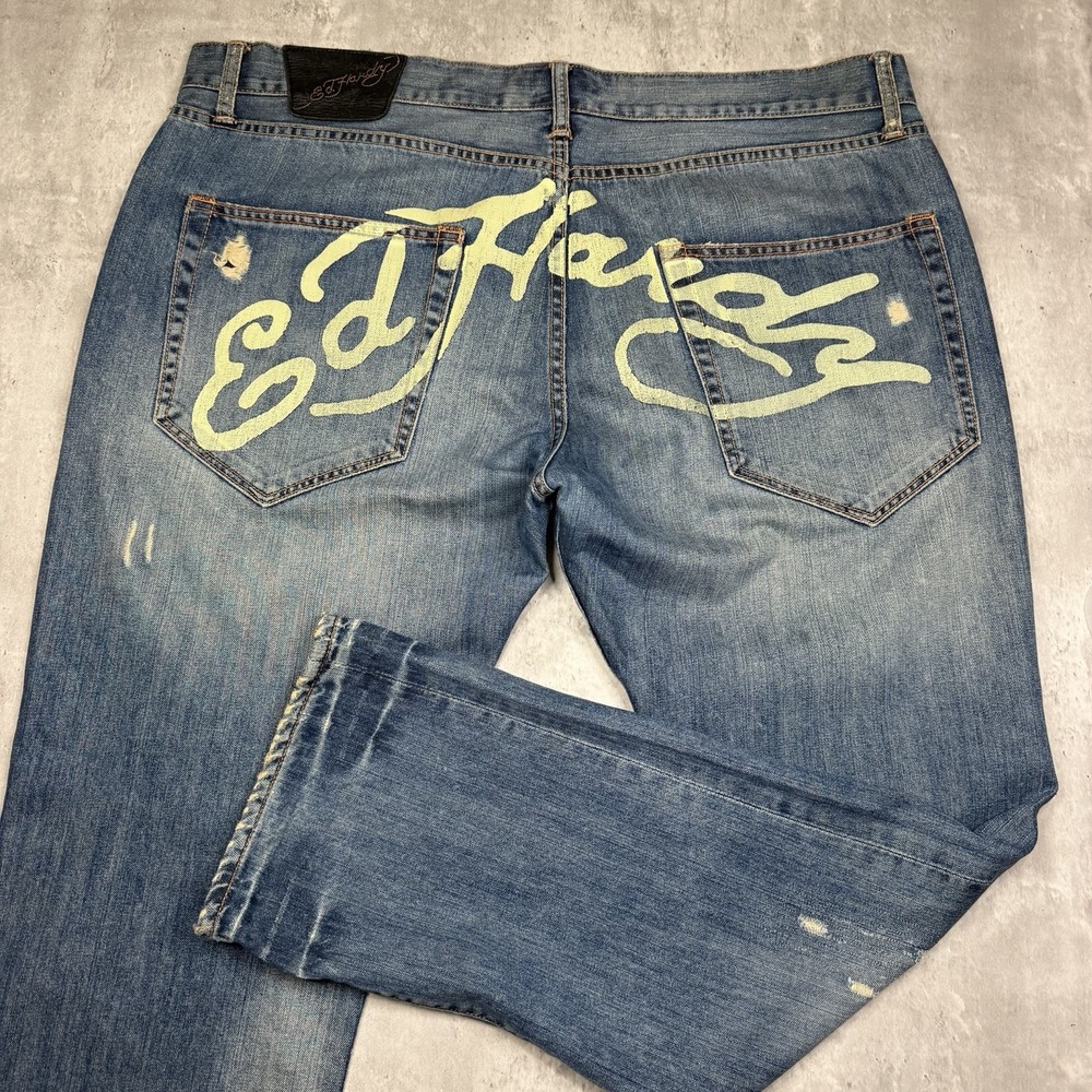 Vtg Ed Hardy Mens Blue Denim Jeans Embroidered Death Before Dishonor Y2K 42x34